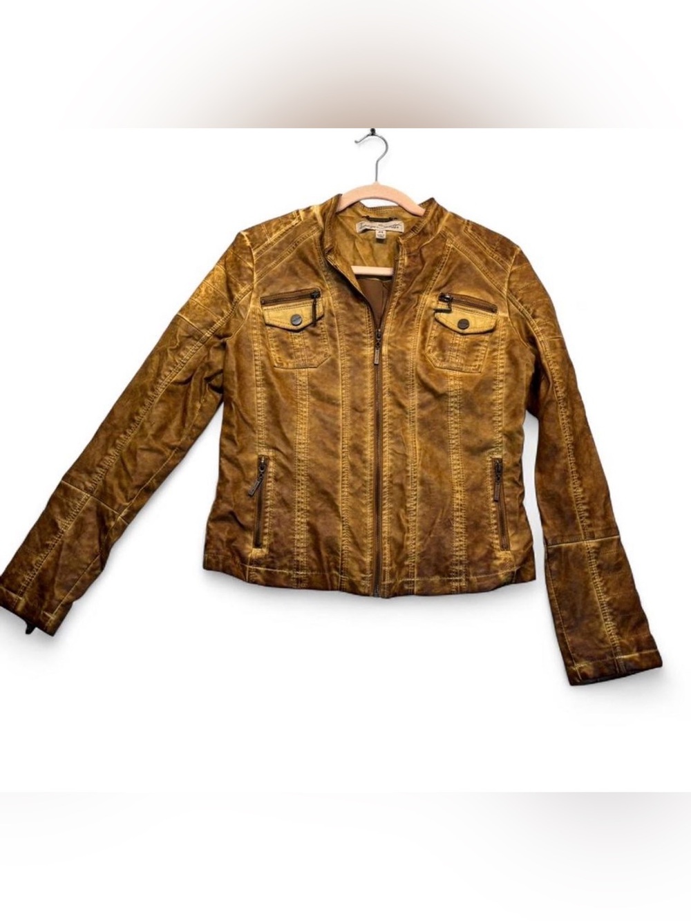 Women's Distressed Brown Faux Leather Moto Jacket